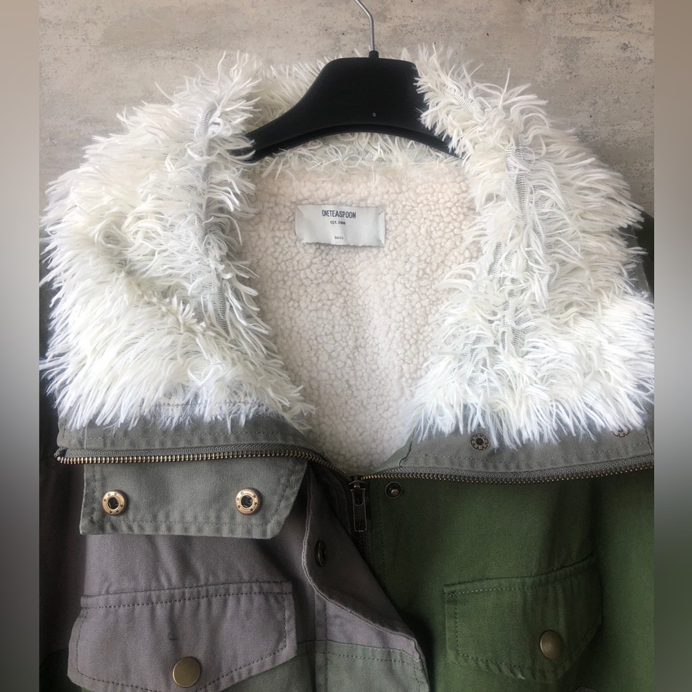 One Teaspoon green oversized patch work coat with inside teddy white faux fur